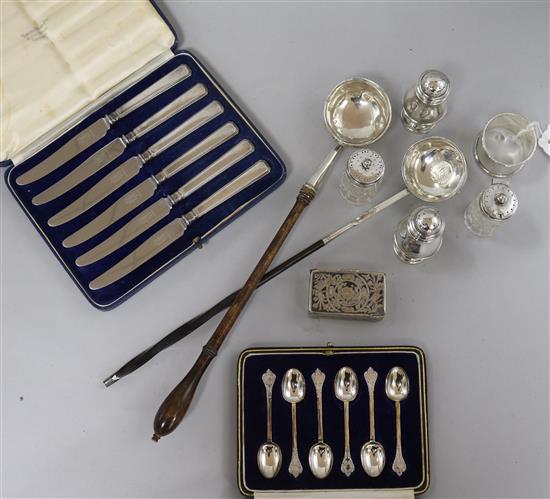 A collection of silver - 4 cruets, napkin ring, 2 cased sets, a snuff box and 2 punch ladles.